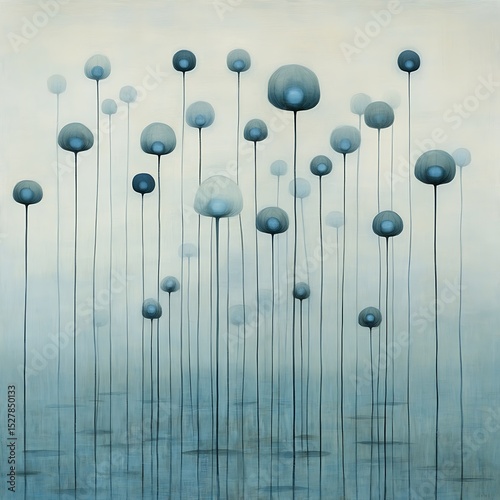 An abstract painting featuring stylized blue and grey flower forms