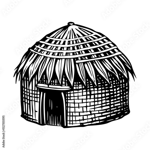 A vintage style illustration of straw hut