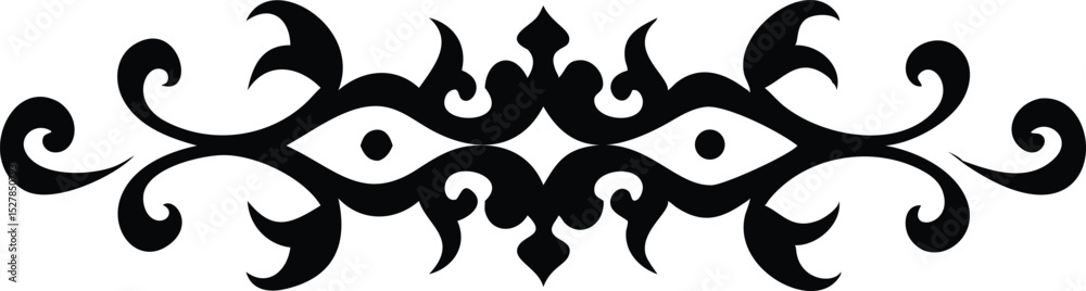 Fototapeta premium Symmetrical Black Ornament with Eyelike Shapes and Curlicues on White Background