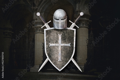 knight's helmet shield and two crossed swords on dark background