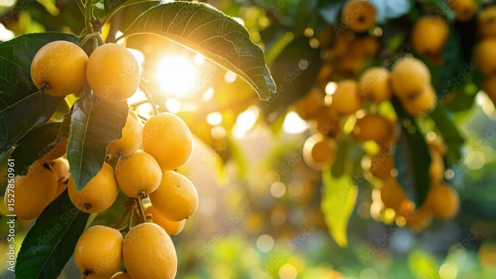 Close-up of vibrant yellow loquats ripening among green leaves on a sun-drenched tree branch in an orchard during the daytime.