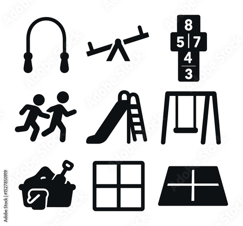 Playground Icon Grid. Solid, filled icons set of playground games and activities: jump rope, seesaw, hopscotch