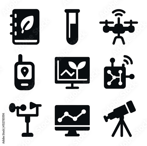 Environmental Icons Grid. Solid, filled icons set of environmental research and monitoring: field notebook,