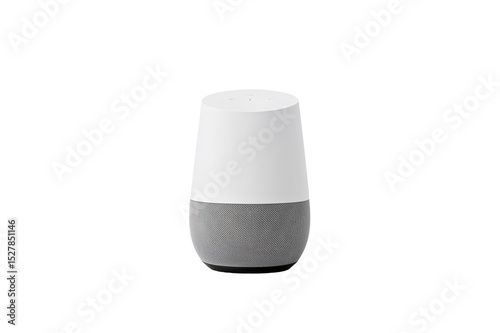 A google home smart speaker with a white top and gray bottom on a black background in a studio shot on transparent background