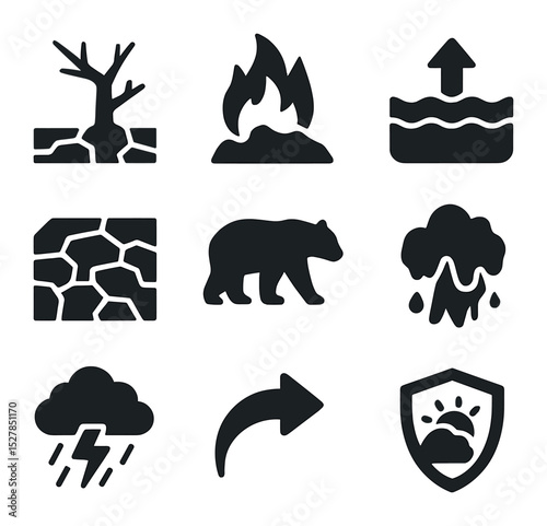 Climate Impact Icons. Solid, filled icons set of climate impact on habitats: drought tree, wildfire icon,