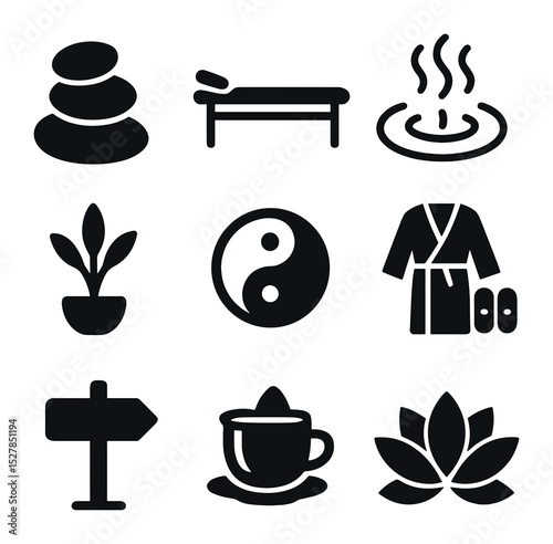 Wellness Spa Icons. Solid, filled icons set of wellness resorts and spas: spa stone, massage table, hot spring