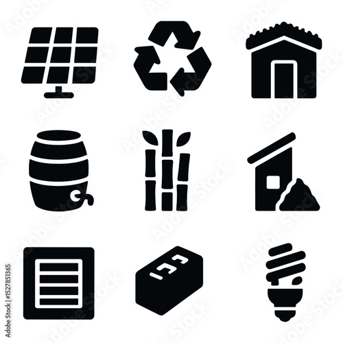 Eco-friendly Garden Icons. Solid, filled icons set of eco-friendly garden buildings: solar panel, recycled