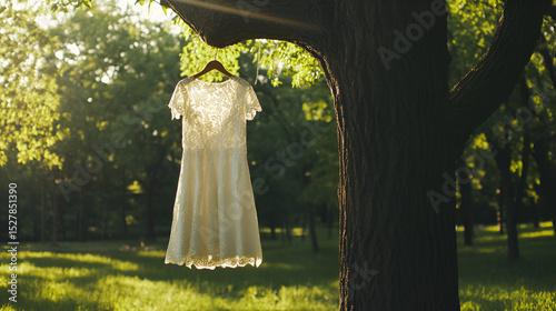 A beautiful white lace dress hangs gracefully from a tree branch, bathed in the warm glow of sunlight filtering through the leaves. The setting suggests a serene outdoor environment, perhaps a garden  photo