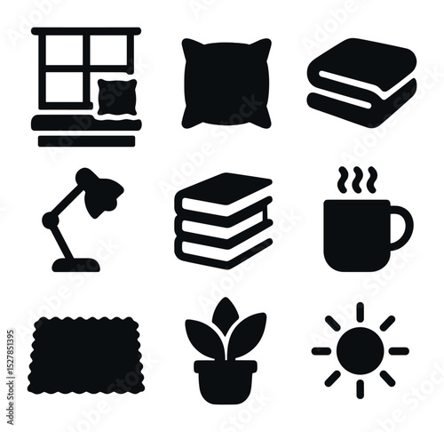 Cozy Window Seat Icons. Solid, filled icons set of a built-in window seat with cushions and blankets