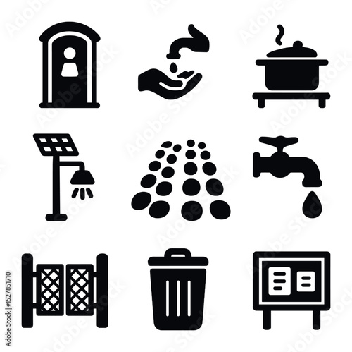 Refugee Camp Infrastructure Icons. Solid, filled icons set of basic infrastructure in refugee camps: mobile