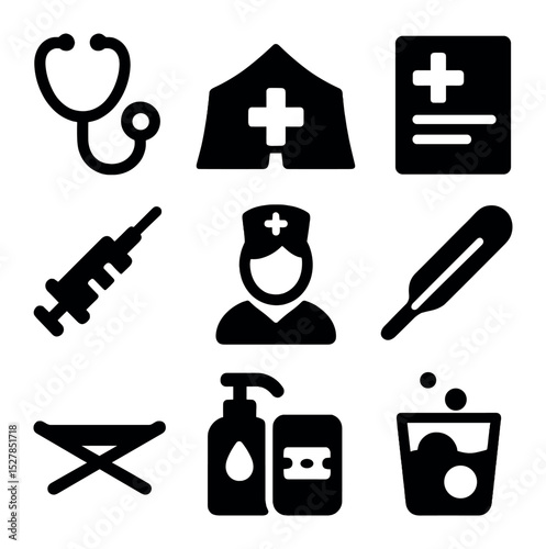 Health Services Icons. Solid, filled icons set of health services in displacement zones: stethoscope, medical