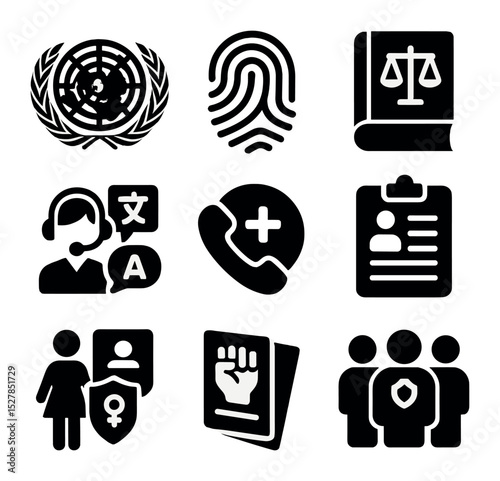 Legal Protection Icons. Solid, filled icons set of protection and legal services in camps: UN badge,