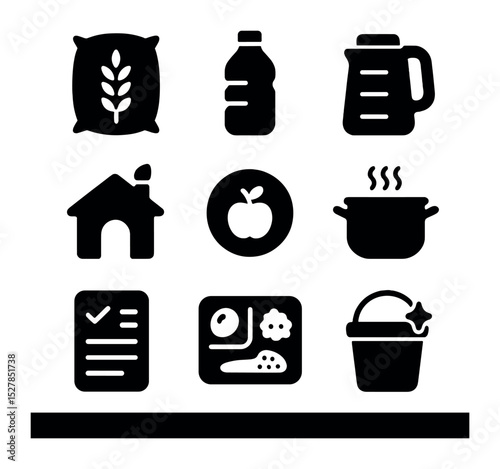 Refugee Food Security Icons. Solid, filled icons set of food and water security in refugee zones: rice sack,