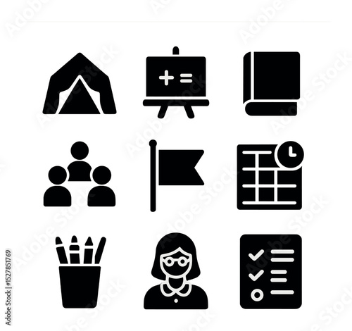 Educational Icons Grid. Solid, filled icons set of education access in displacement settings: school tent,