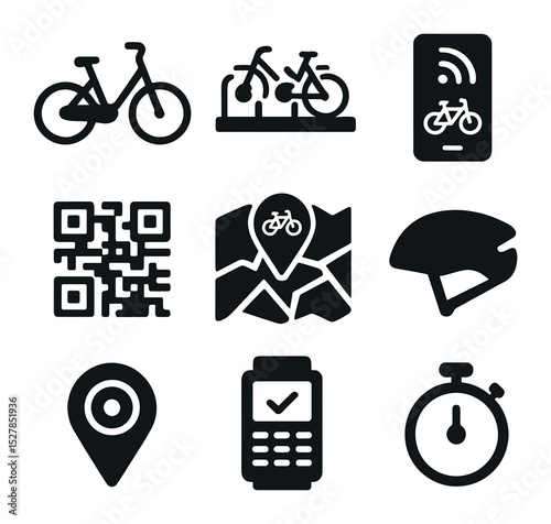 Bike-Sharing Icon Set. Solid, filled icons set of bike-sharing programs: rental bike, docking station, mobile