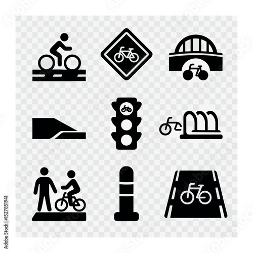 Urban Cycling Icons. Solid, filled icons set of urban cycling infrastructure: bike lane, traffic sign, cycle