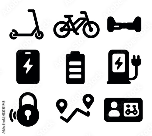 Micromobility Icon Set. Solid, filled icons set of micromobility options: e-scooter, e-bike, hoverboard, app