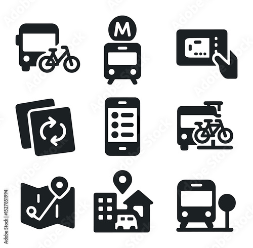 Public Transport Icons. Solid, filled icons set of public transport integration: bus+bike icon, subway
