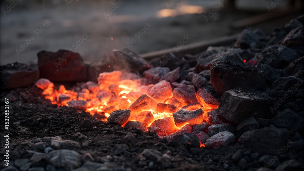 Glowing Embers of a Charcoal Fire Ignite the Dark Earth a Closeup View of Burning Coal and Ash in a Forge Setting at Dusk Glowing Embers of a Charcoal Fire Ignite the Dark Earth a Closeup View of Burning Coal and Ash in a Forge Setting at Dusk