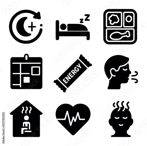 Energy Management Icons. Solid, filled icons set of energy management techniques: circadian rhythm icon, power
