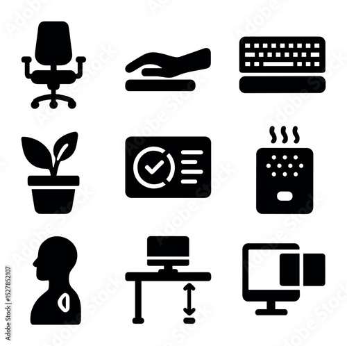Workplace Biohacks Icons. Solid, filled icons set of workplace biohacks: ergonomic chair, wrist support,