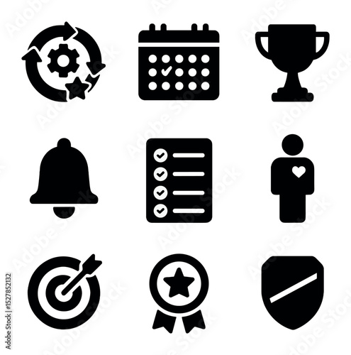 Habit Tracking Icons. Solid, filled icons set of habit formation systems: habit loop, streak calendar, reward