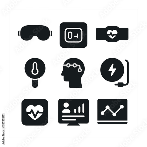 Wearable Tech Icons. Solid, filled icons set of wearable tech for biofeedback: sleep mask, smart patch, heart