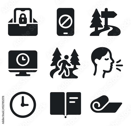 Digital Detox Icons. Solid, filled icons set of digital detox and recovery: phone lockbox, app blocker, nature