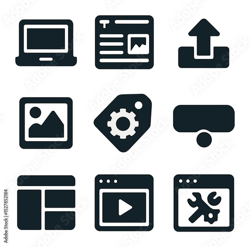 Digital Content Icons. Solid, filled icons set of creating digital content for business websites: laptop