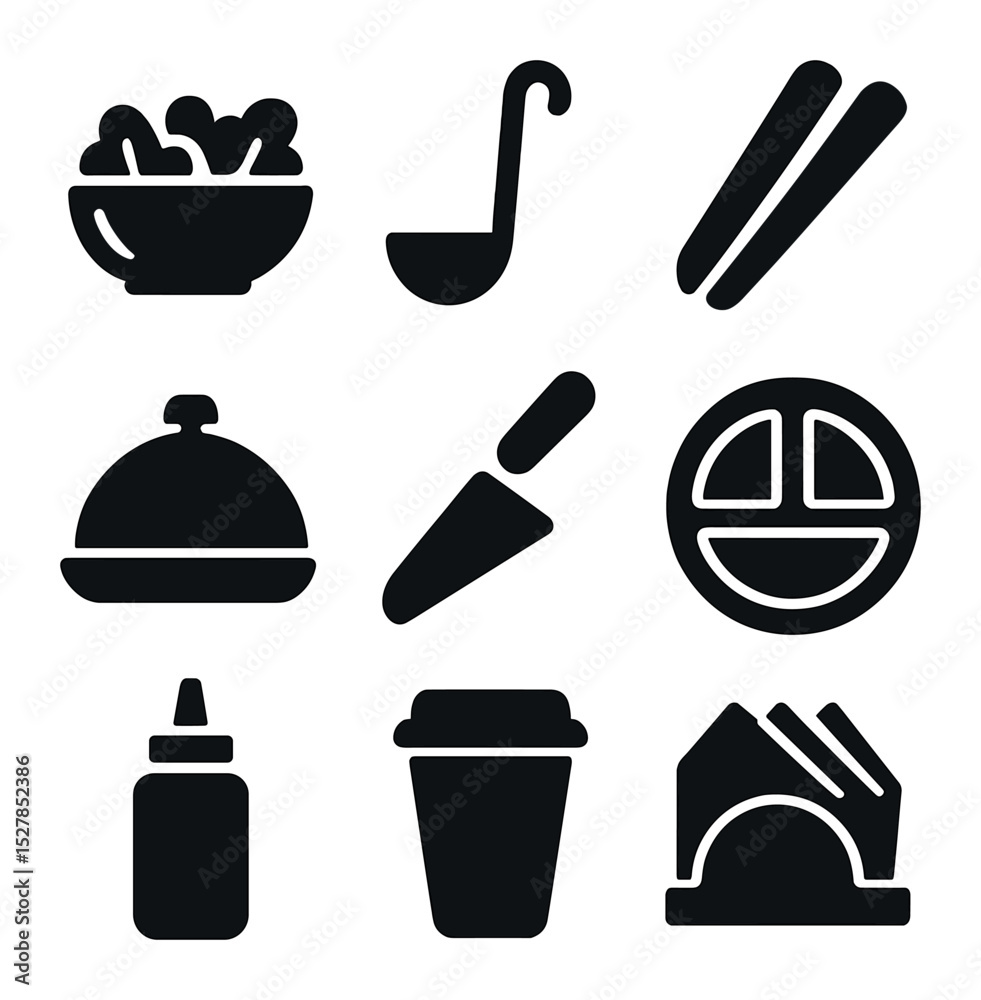 Obraz premium Food Icon Set. Solid, filled icons set of food sharing and serving: salad bowl, ladle, tongs icon, serving