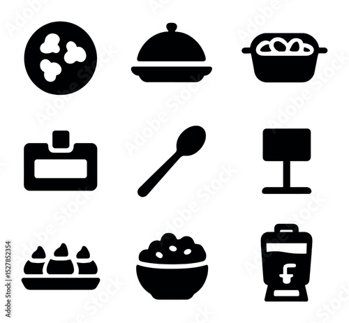 Community Meal Icons. Solid, filled icons set of communal meal gathering: shared plate, dish icon, potluck