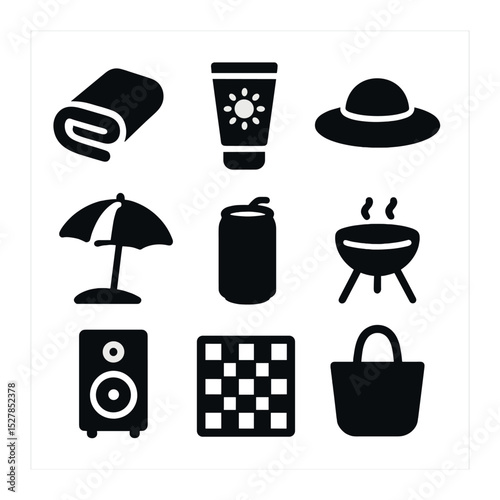 Beach Essentials Icons. Solid, filled icons set of beach gathering checklist: beach towel, sunscreen tube, hat