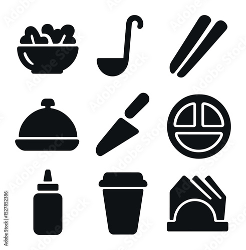 Food Icon Set. Solid, filled icons set of food sharing and serving: salad bowl, ladle, tongs icon, serving