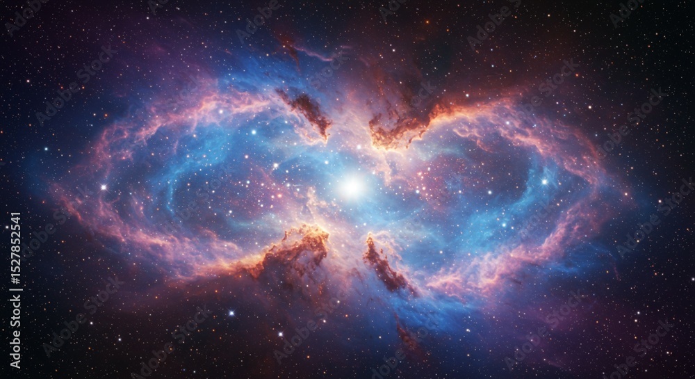 Obraz premium A pink-purple-gold nebula sparkles in the darkness of space