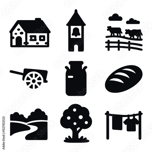 Pastoral Village Icons. Solid, filled icons set of pastoral village life: stone cottage, village bell tower,
