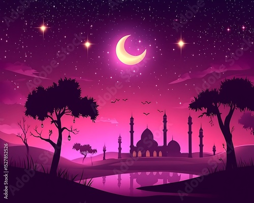 A beautiful moonlit nightscape featuring a mosque and stars