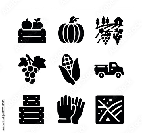 Harvest Season Icons. Solid, filled icons set of harvest season icons: apple crate, pumpkin, vineyard,