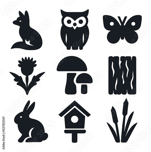 Rural Wildlife Icons. Solid, filled icons set of rural wildlife and flora: fox, owl, butterfly, thistle,
