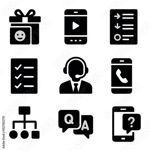 Customer Onboarding Icons. Solid, filled icons set of customer onboarding support: welcome kit, tutorial