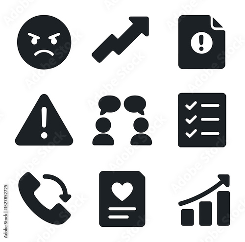 Complaint Management Icons. Solid, filled icons set of complaint management: angry emoji, escalation arrow,