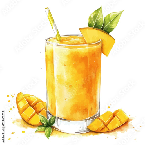 Mango Smoothie, watercolor illustration vector, high quality, isolated on a white background.