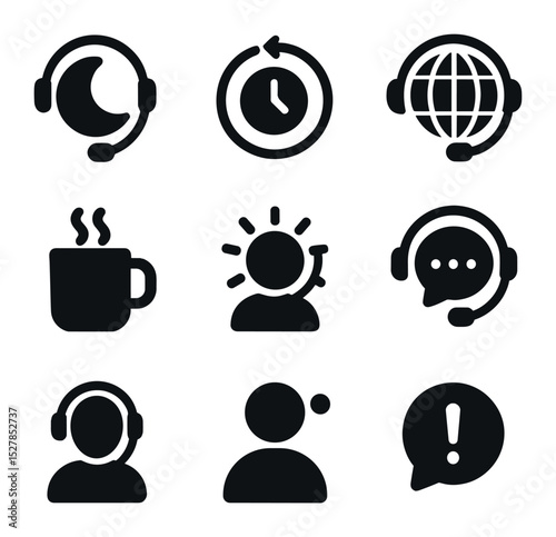 24_7 Customer Care Icons. Solid, filled icons set of 24/7 customer care: moon with headset, rotating clock,