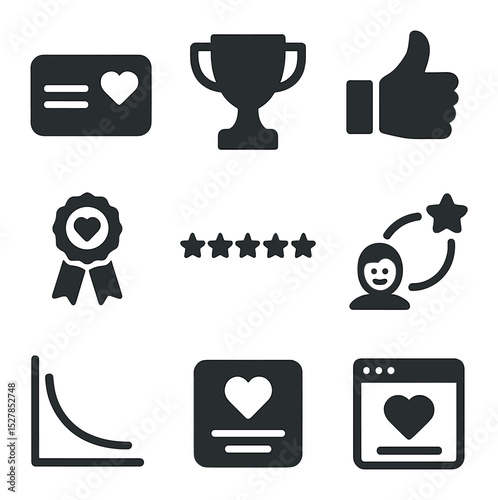 Customer Loyalty Icons. Solid, filled icons set of customer loyalty and retention: loyalty card, trophy icon,