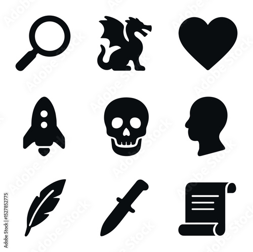 Literary Genre Icons. Solid, filled icons set of literary genres: mystery magnifying glass, fantasy dragon,