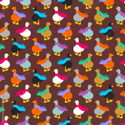 Goose in scarf pattern seamless. White goose in red scarf background. Ornament of kids fabric