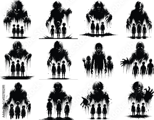 silhouette vector illustrations of a creepy monster and children