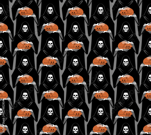 Grim Reaper Holding Cat pattern seamless. Death with a cat in his arms background