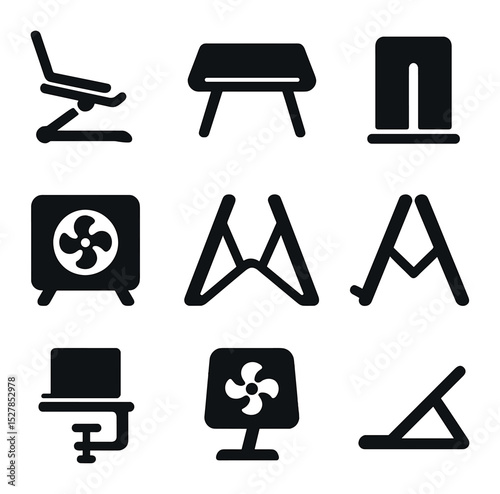 Laptop Stands Icons. Solid, filled icons set of laptop stands and mounts: adjustable stand, lap desk, vertical