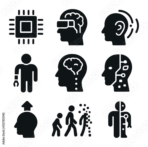 Transhumanism Icons Grid. Solid, filled icons set of transhumanism and evolution: biochip, augmented brain,