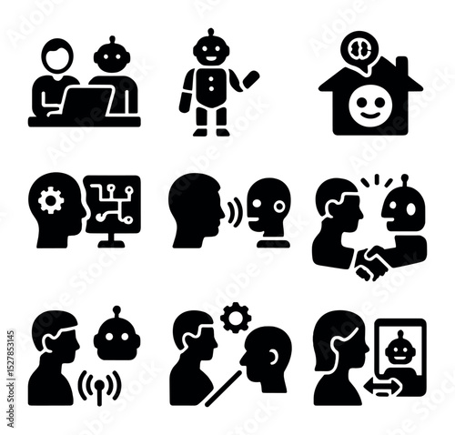 Human-Machine Icons. Solid, filled icons set of human-machine cohabitation: shared workspace, robotic